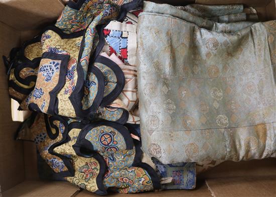 A Chinese embroidered silk and metal thread collar, a sage green brocade panel and other textiles